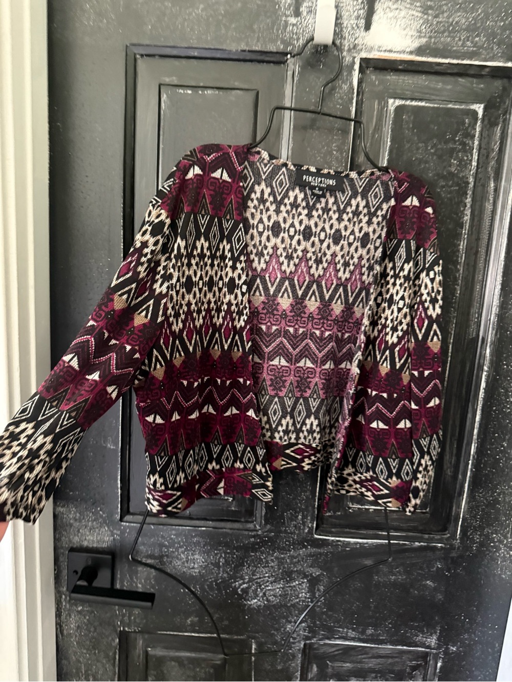 Perceptions Open-Front Aztec Cardigan Sweater - Burgundy, Black, Cream